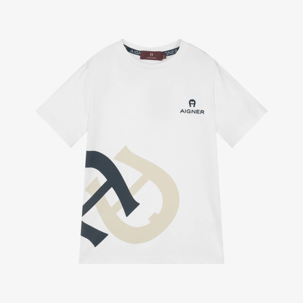 AIGNER-Boys White Cotton T-Shirt with Beige & Navy Blue Logo Print | Childrensalon