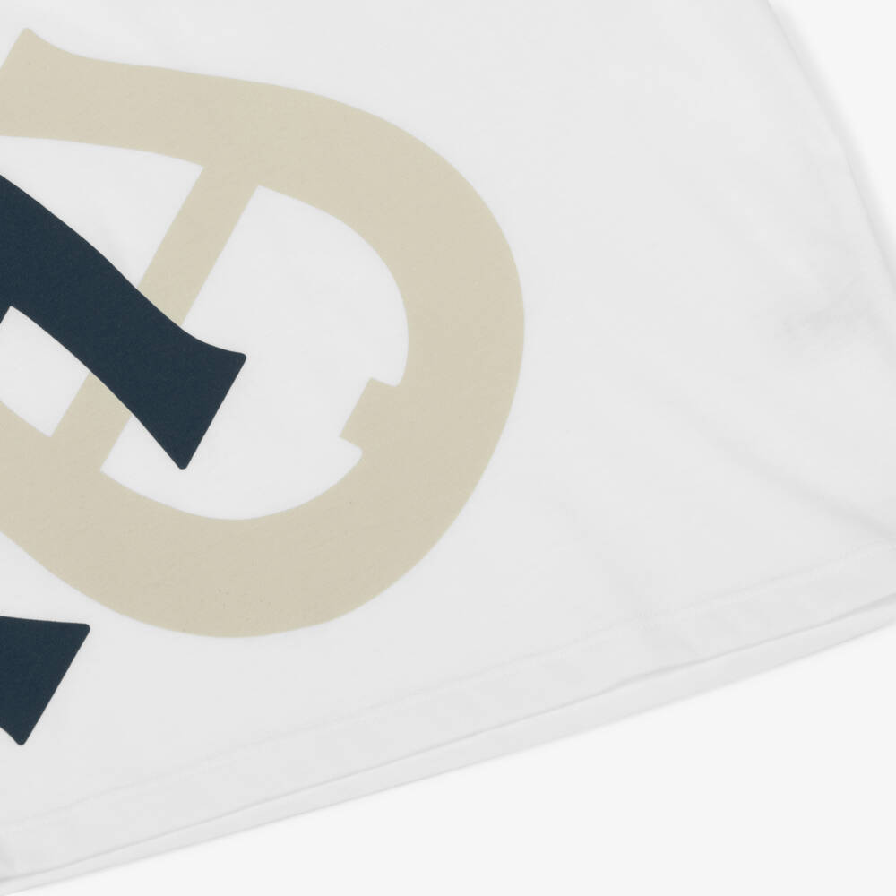 AIGNER-Boys White Cotton T-Shirt with Beige & Navy Blue Logo Print | Childrensalon