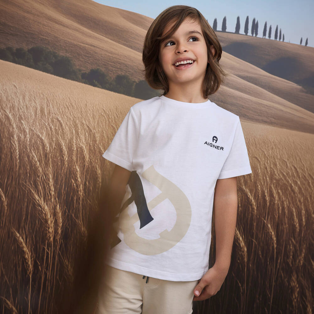 AIGNER-تيشيرت قطن بشعار مطبوع لون أبيض للأولاد | Childrensalon