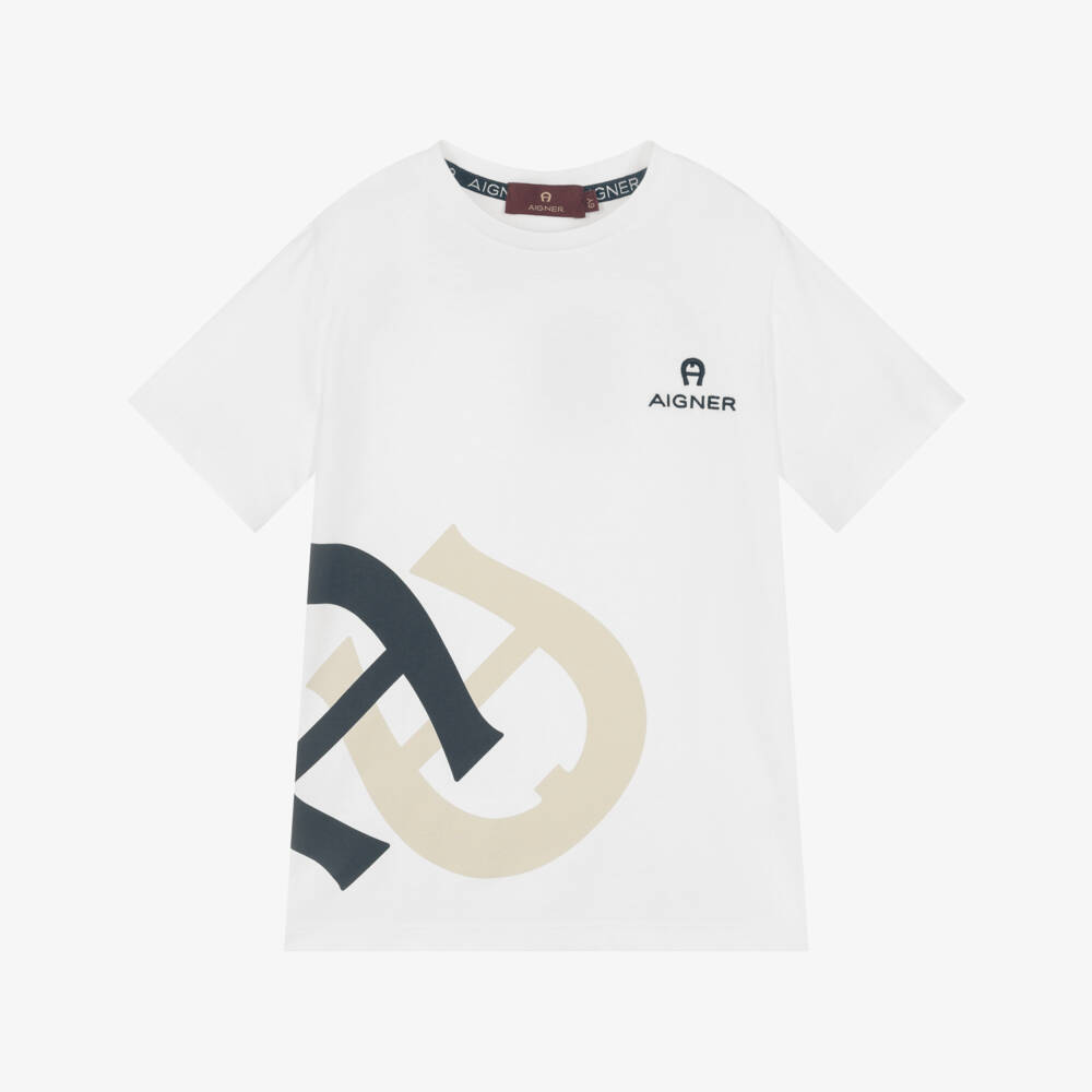 AIGNER-Boys White Cotton T-Shirt with Beige & Navy Blue Logo Print | Childrensalon