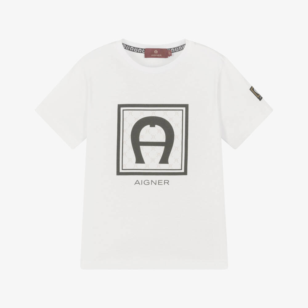 AIGNER-Boys White Cotton T-Shirt with Black Logo Motif | Childrensalon