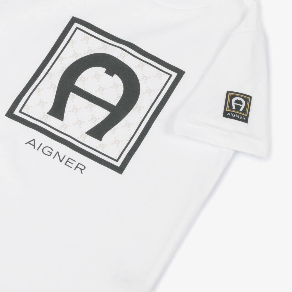 AIGNER-Футболка белая хлопковая с черным логотипом для мальчиков | Childrensalon