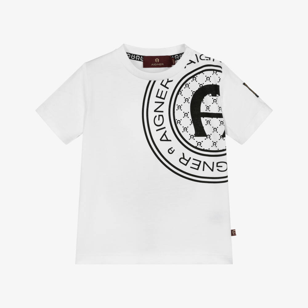 AIGNER-Boys White Cotton T-Shirt with Black Logo Print | Childrensalon