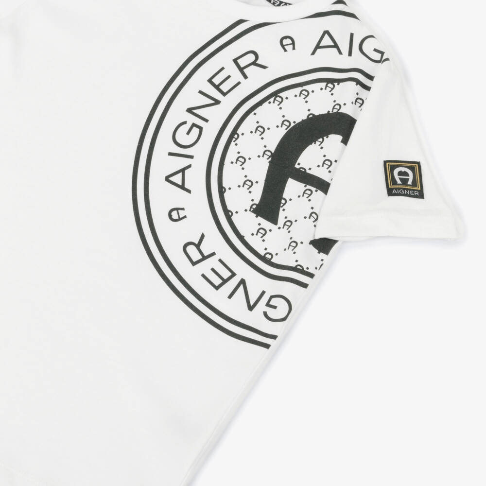 AIGNER-Boys White Cotton T-Shirt with Black Logo Print | Childrensalon