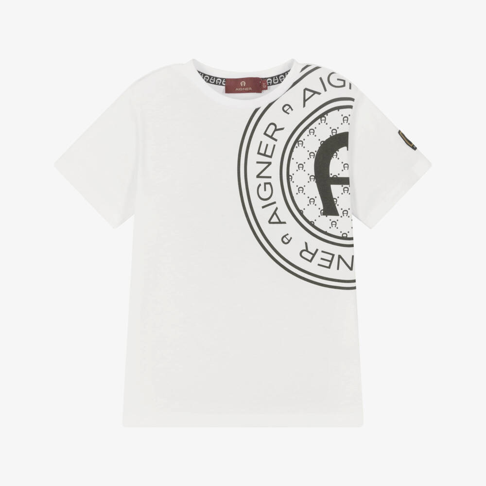 AIGNER-Boys White Cotton T-Shirt with Black Logo Print | Childrensalon