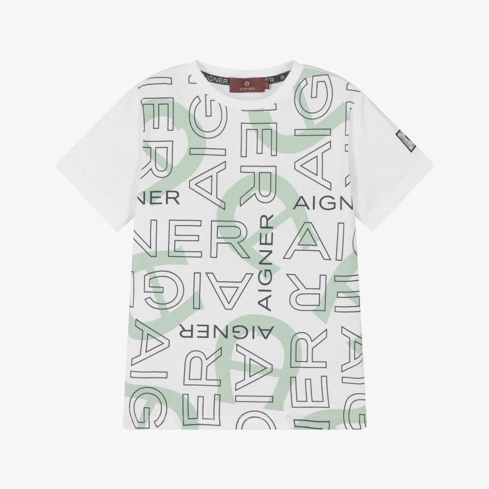 AIGNER-Boys White Cotton T-Shirt with Green & Black Logo Print | Childrensalon