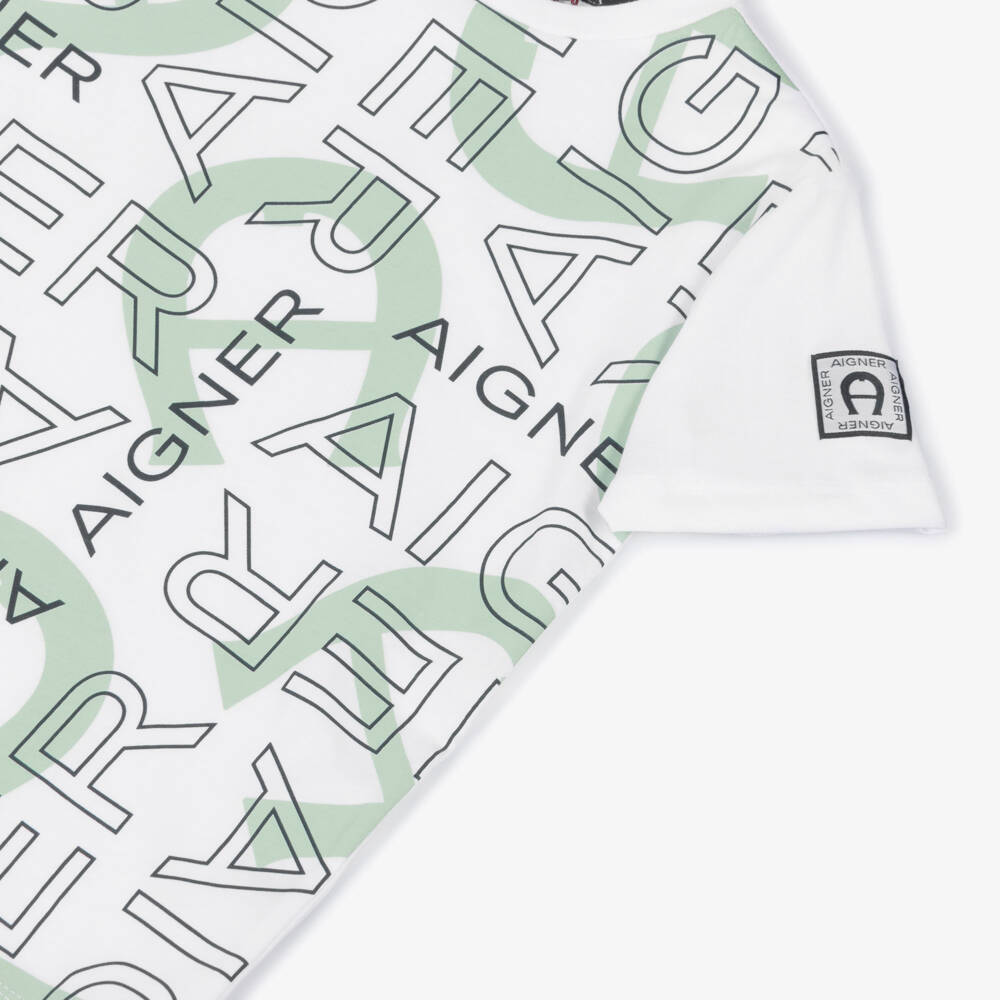 AIGNER-Boys White Cotton T-Shirt with Green & Black Logo Print | Childrensalon