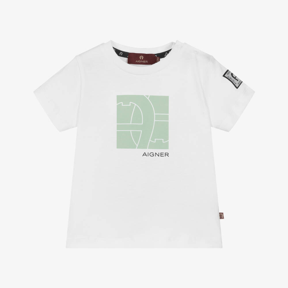 AIGNER-Boys White Cotton T-Shirt with Green Logo Print | Childrensalon