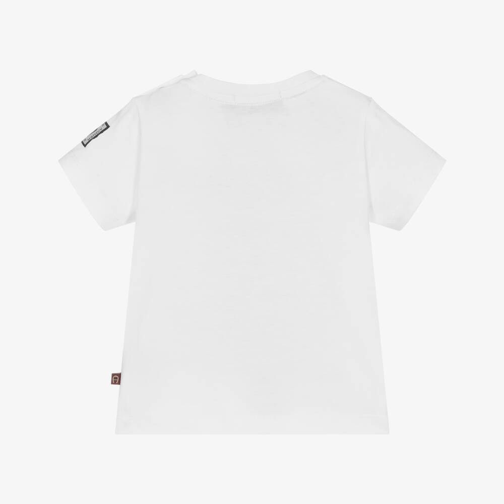 AIGNER-Boys White Cotton T-Shirt with Green Logo Print | Childrensalon
