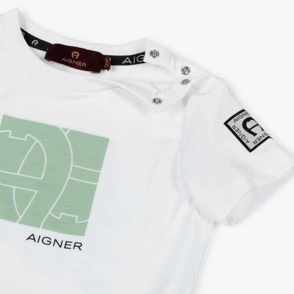 AIGNER-Boys White Cotton T-Shirt with Green Logo Print | Childrensalon