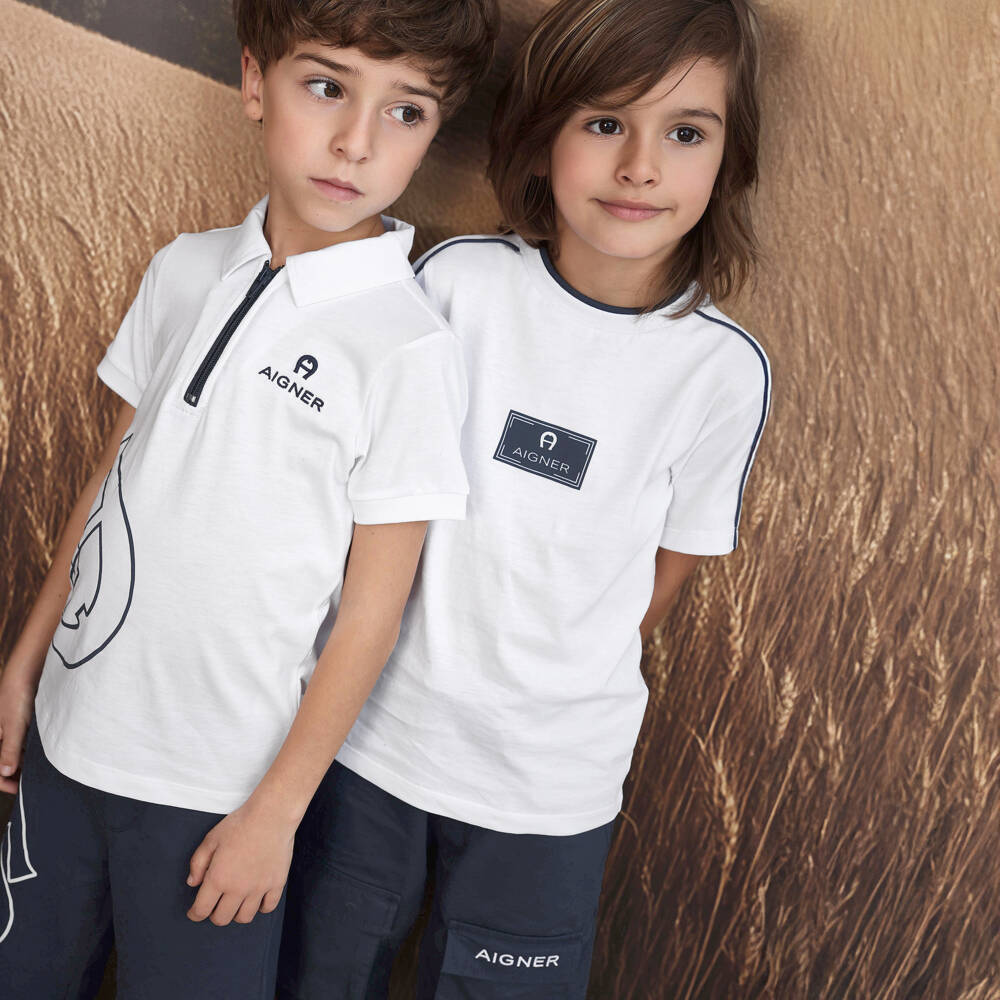 AIGNER-Футболка хлопковая белая с синим логотипом для мальчиков | Childrensalon