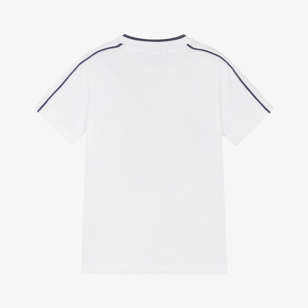 AIGNER-Boys White Cotton T-Shirt with Navy Blue Logo Print | Childrensalon