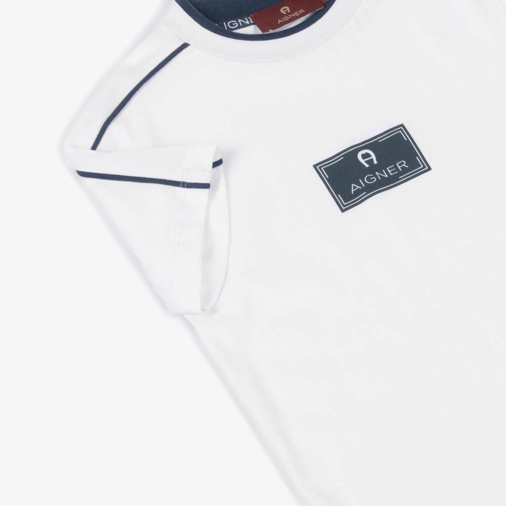 AIGNER-Boys White Cotton T-Shirt with Navy Blue Logo Print | Childrensalon