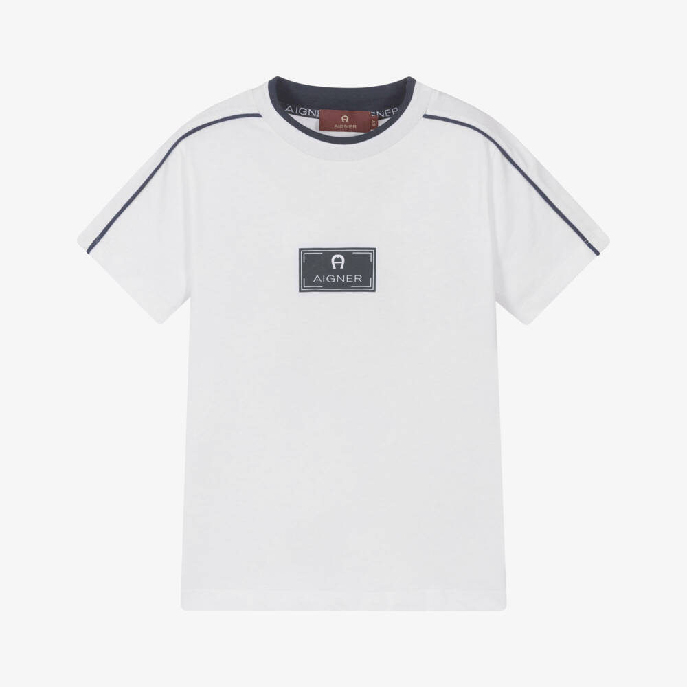 AIGNER-Boys White Cotton T-Shirt with Navy Blue Logo Print | Childrensalon