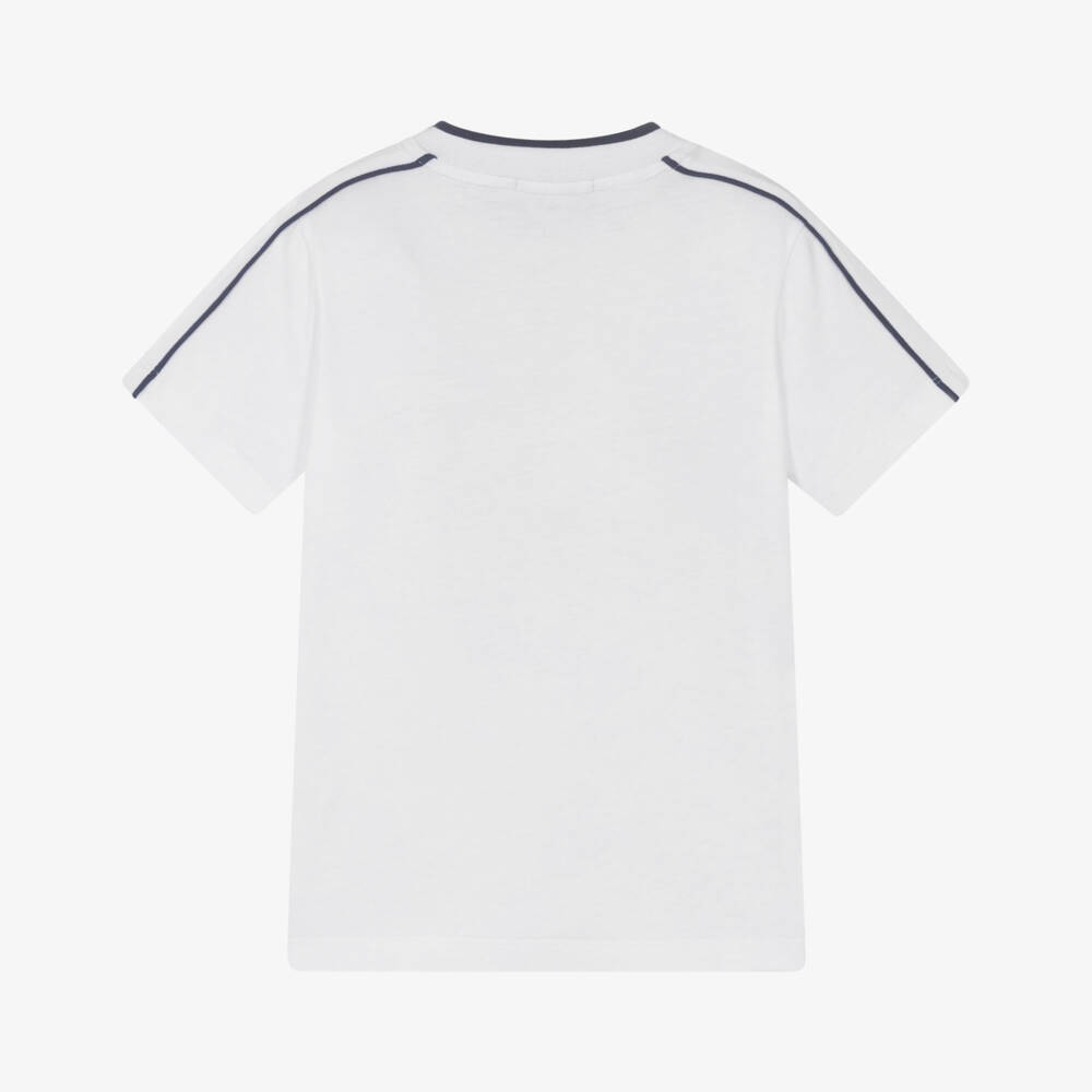 AIGNER-Boys White Cotton T-Shirt with Navy Blue Logo Print | Childrensalon