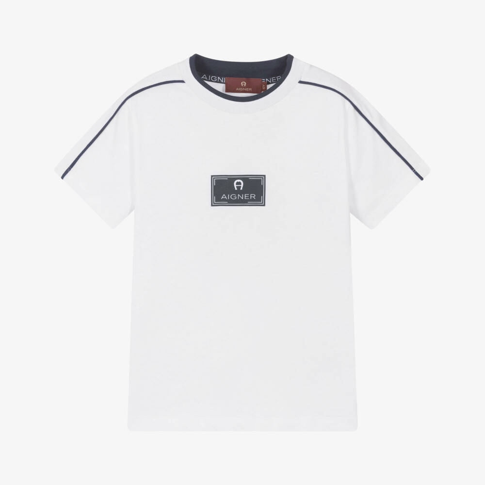 AIGNER-Boys White Cotton T-Shirt with Navy Blue Logo Print | Childrensalon