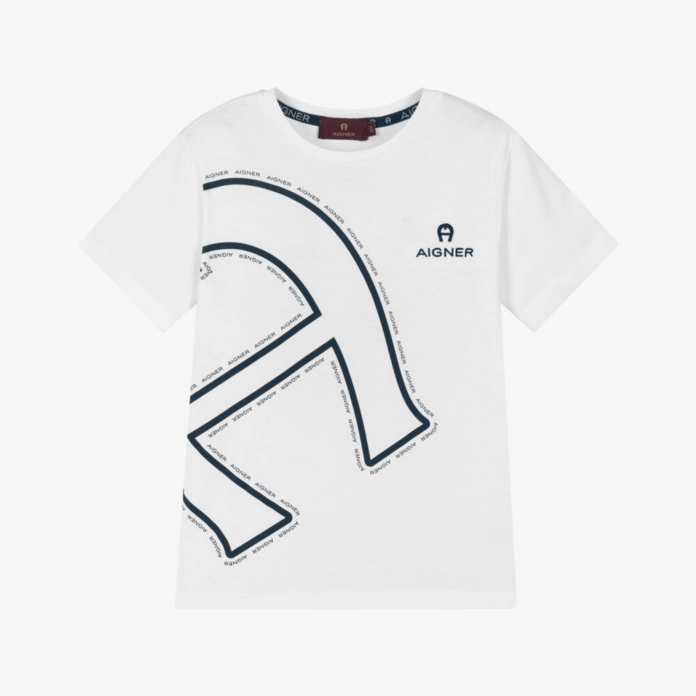 AIGNER-Boys White Cotton T-Shirt with Oversized Logo Print | Childrensalon