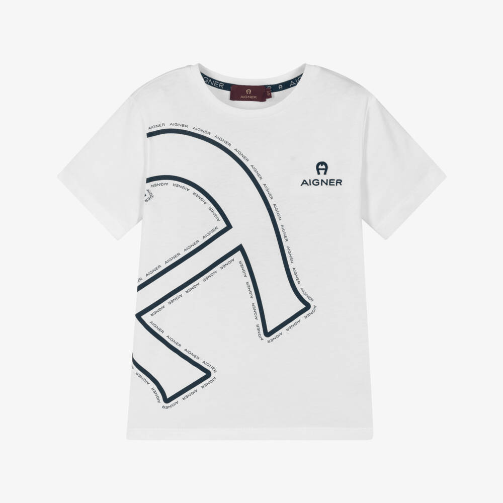 AIGNER-Boys White Cotton T-Shirt with Oversized Logo Print | Childrensalon
