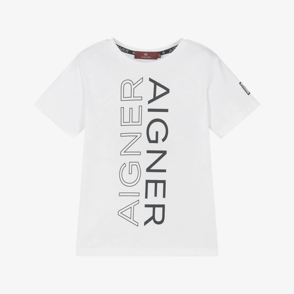 AIGNER-Boys White Cotton T-Shirt with Vertical Logo Print | Childrensalon