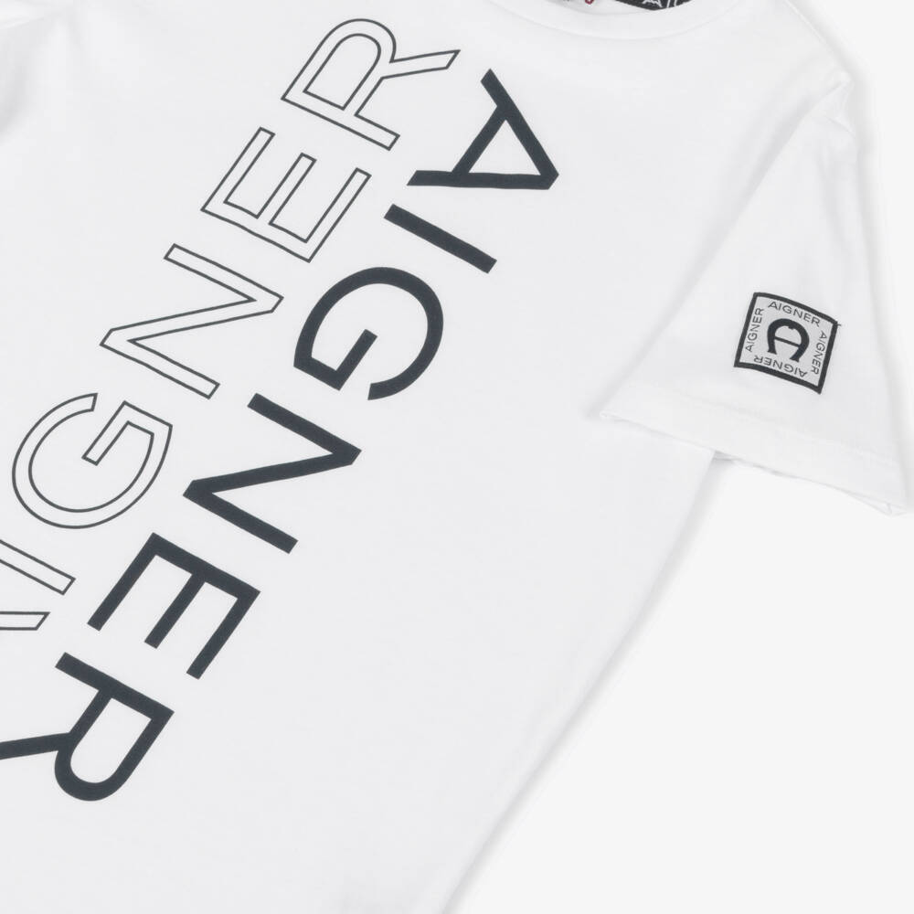 AIGNER-Boys White Cotton T-Shirt with Vertical Logo Print | Childrensalon