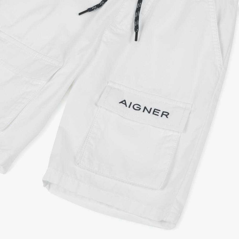 AIGNER-Boys White Cotton Twill Drawstring Shorts | Childrensalon