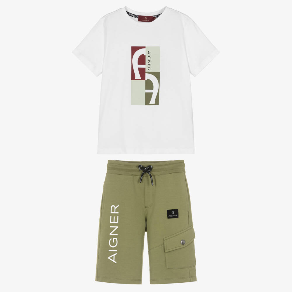 AIGNER-Boys White & Green Cotton A-Logo Shorts Set | Childrensalon