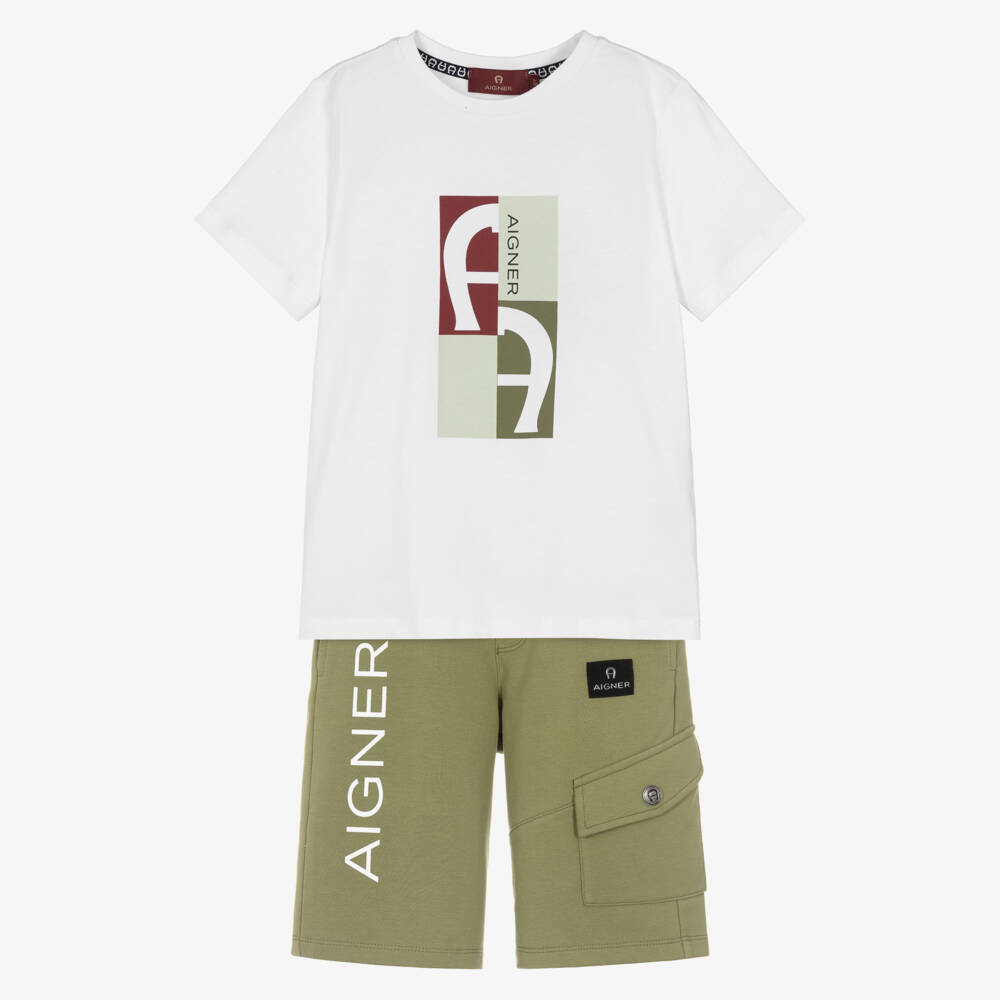 AIGNER-Boys White & Green Cotton A-Logo Shorts Set | Childrensalon