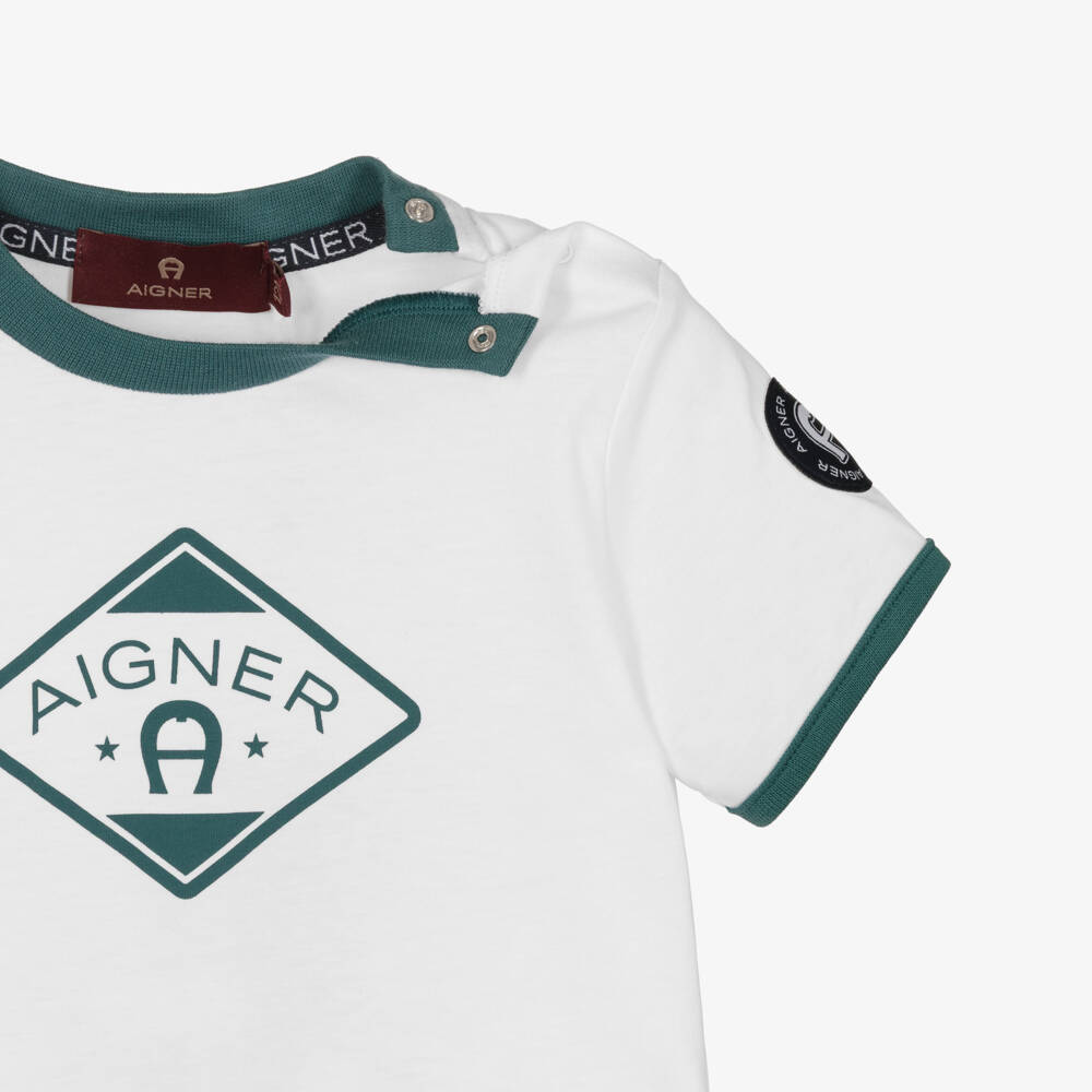 AIGNER-Boys White & Green Cotton Retro T-Shirt | Childrensalon