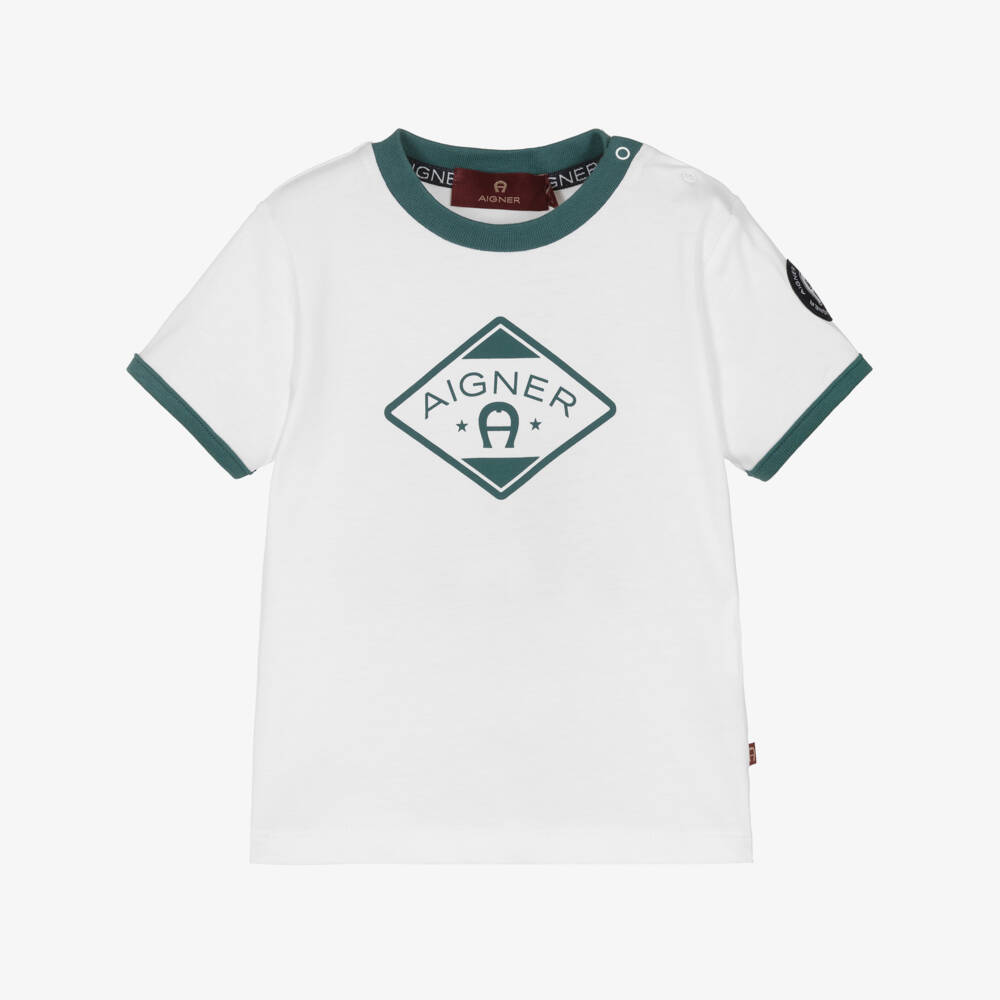 AIGNER-Boys White & Green Cotton Retro T-Shirt | Childrensalon