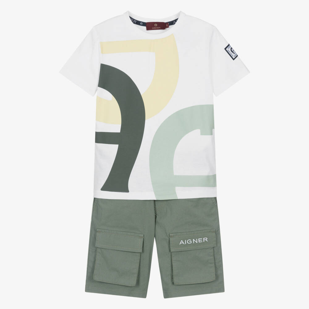 AIGNER-Boys White & Green Cotton Shorts Set | Childrensalon