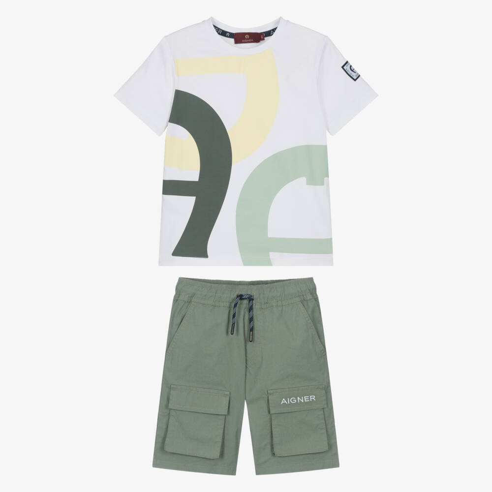 AIGNER-Boys White & Green Cotton Shorts Set | Childrensalon