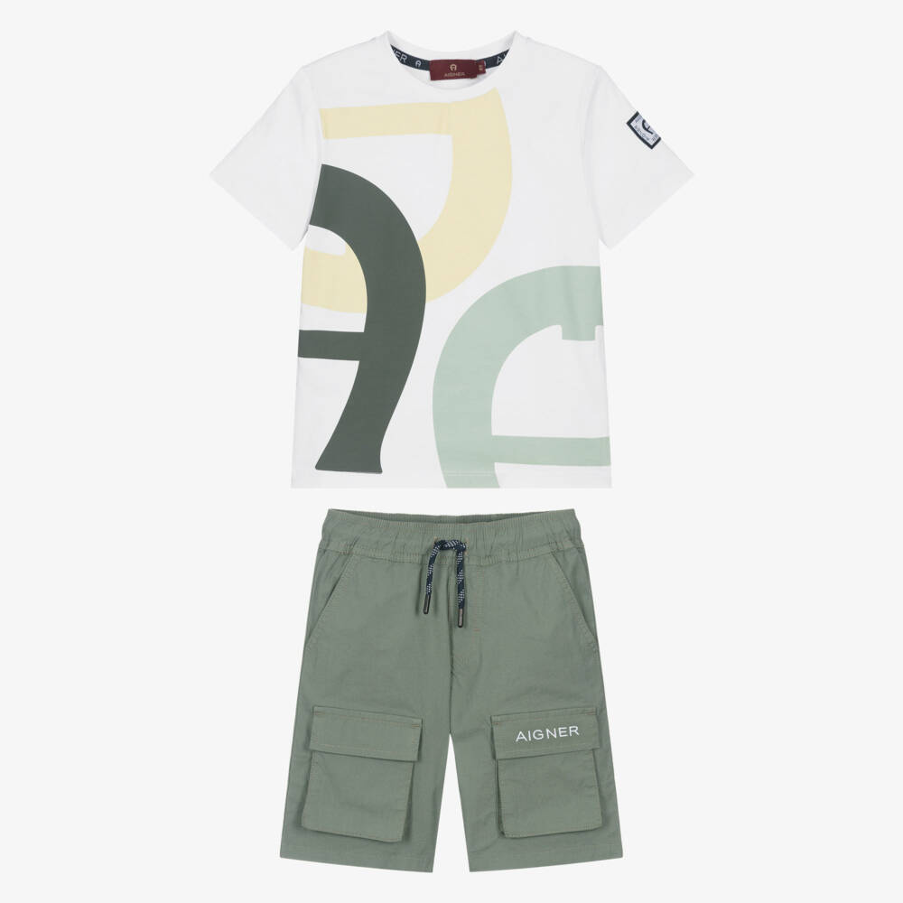 AIGNER-Boys White & Green Cotton Shorts Set | Childrensalon