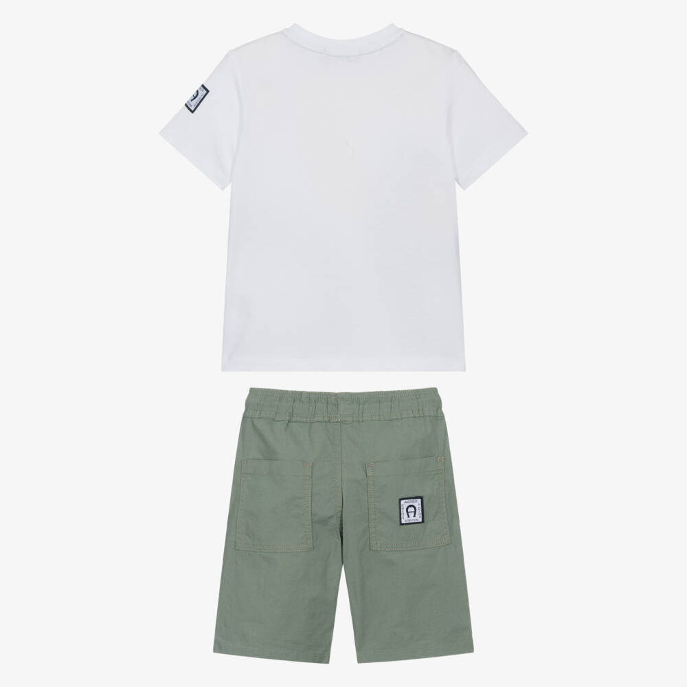 AIGNER-Boys White & Green Cotton Shorts Set | Childrensalon