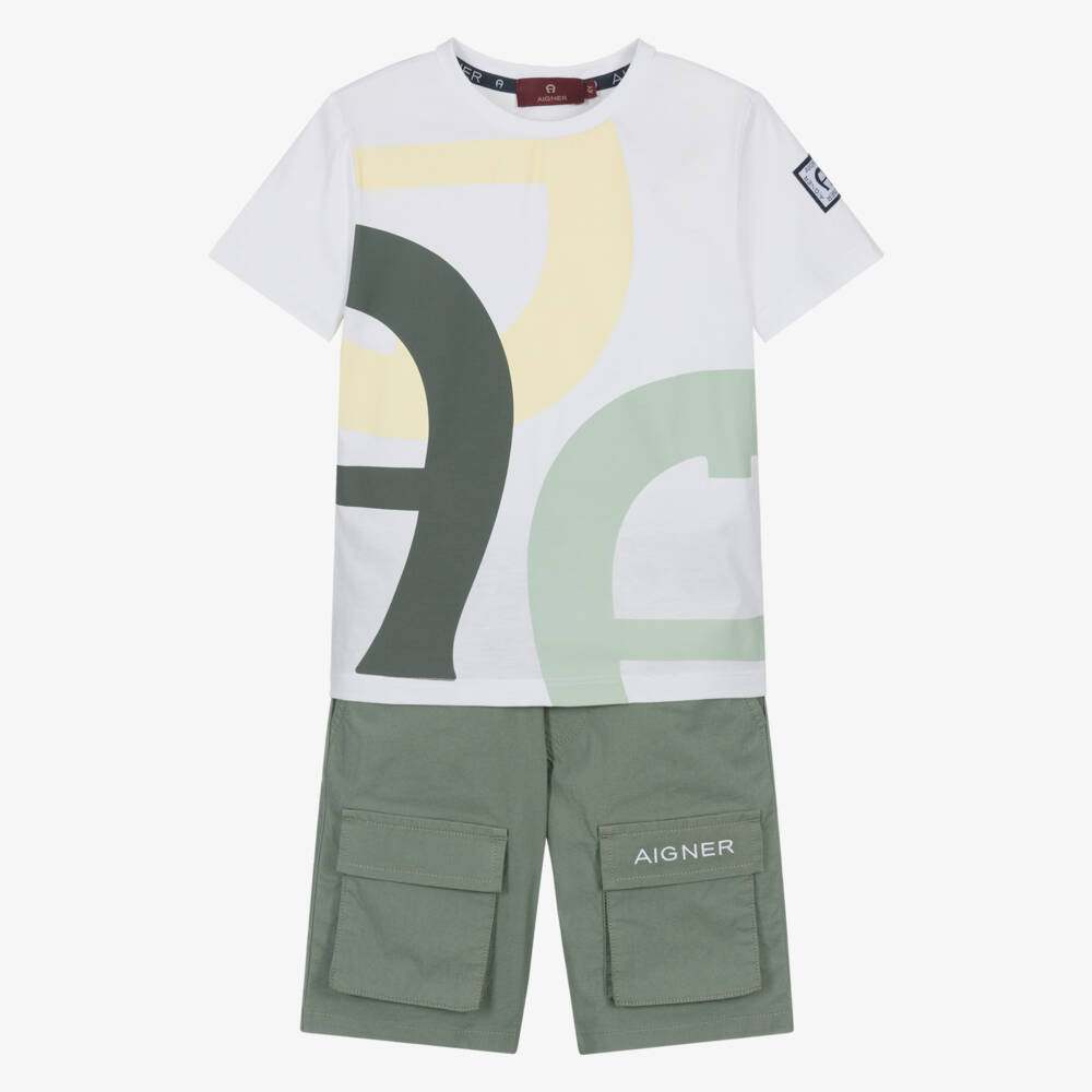 AIGNER-Boys White & Green Cotton Shorts Set | Childrensalon