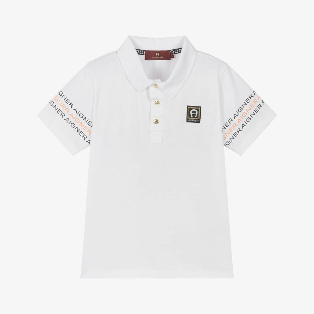 AIGNER-Boys White Jersey Polo Shirt with Logo Printed Sleeves | Childrensalon