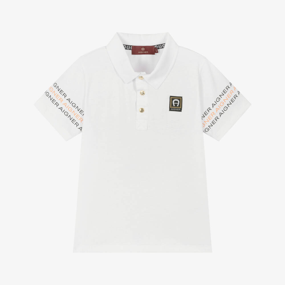 AIGNER-Boys White Jersey Polo Shirt with Logo Printed Sleeves | Childrensalon