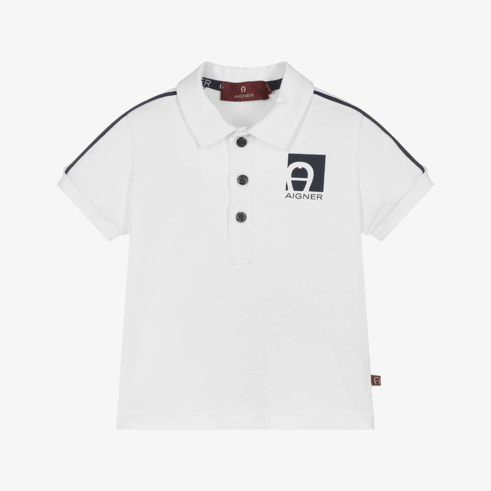 AIGNER-Boys White Jersey Polo Shirt with Navy Blue Piping | Childrensalon