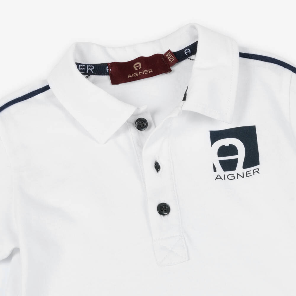 AIGNER-Boys White Jersey Polo Shirt with Navy Blue Piping | Childrensalon