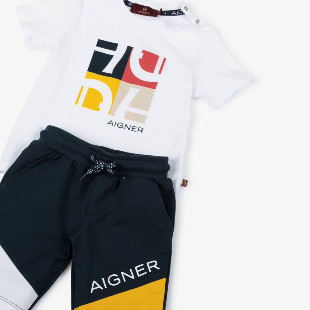 AIGNER-Boys White & Navy Blue Cotton Colourblock Shorts Set | Childrensalon