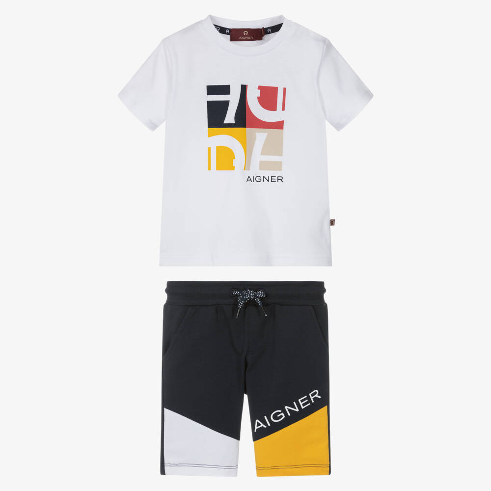 AIGNER-Boys White & Navy Blue Cotton Colourblock Shorts Set | Childrensalon