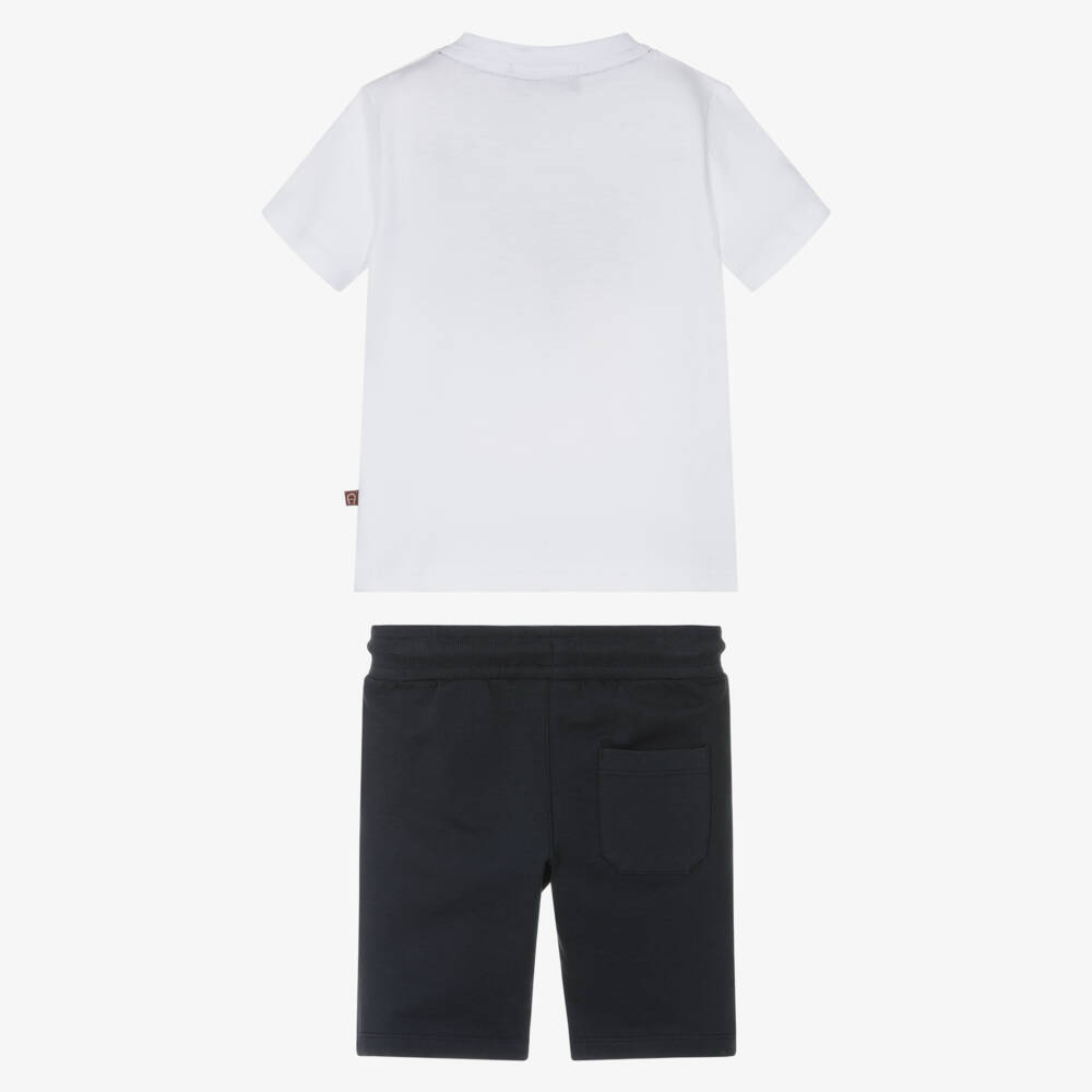AIGNER-Boys White & Navy Blue Cotton Colourblock Shorts Set | Childrensalon