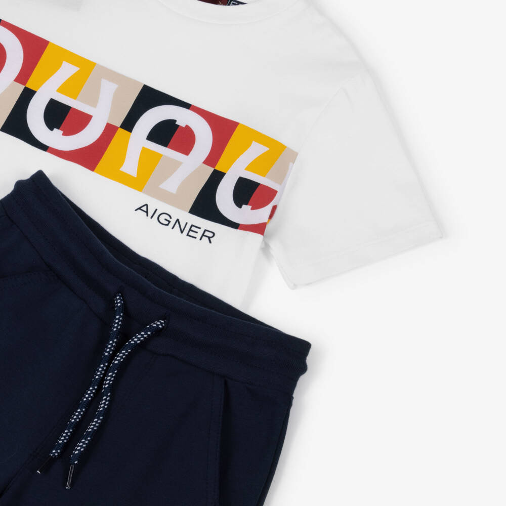 AIGNER-طقم شورت برباط قطن لون كحلي وأبيض للأولاد | Childrensalon