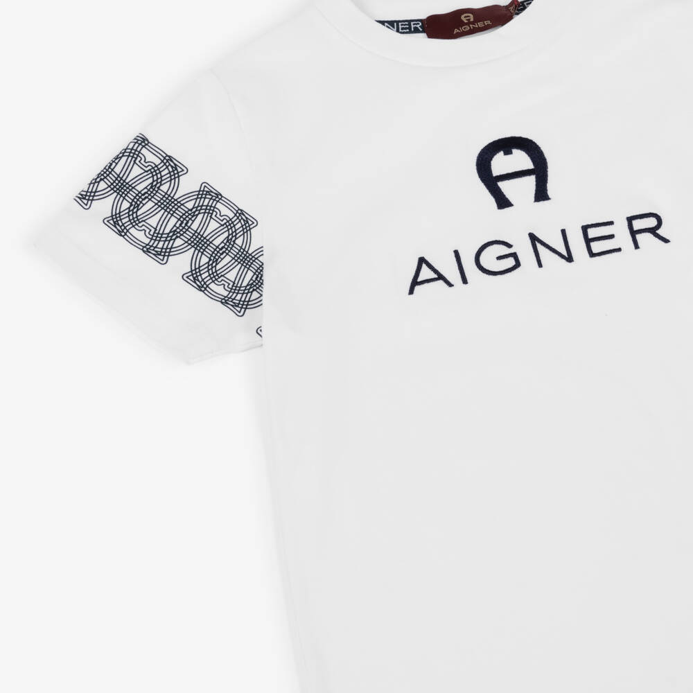 AIGNER-Boys White & Navy Blue Logo Cotton Jersey T-Shirt | Childrensalon