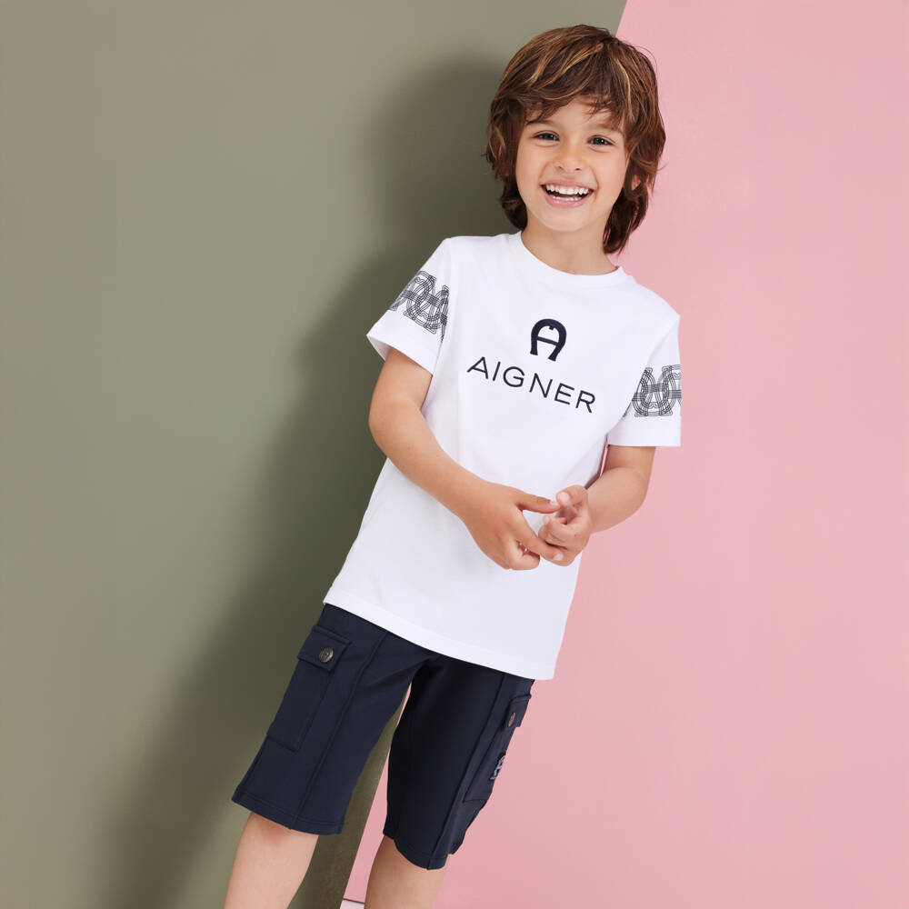 AIGNER-Boys White & Navy Blue Logo Cotton Jersey T-Shirt | Childrensalon