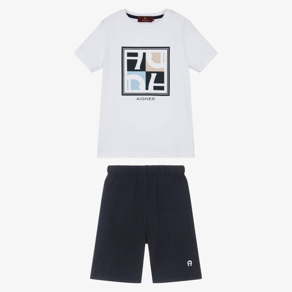 AIGNER-Boys White & Navy Blue Short Pyjamas with Graphic Logo | Childrensalon