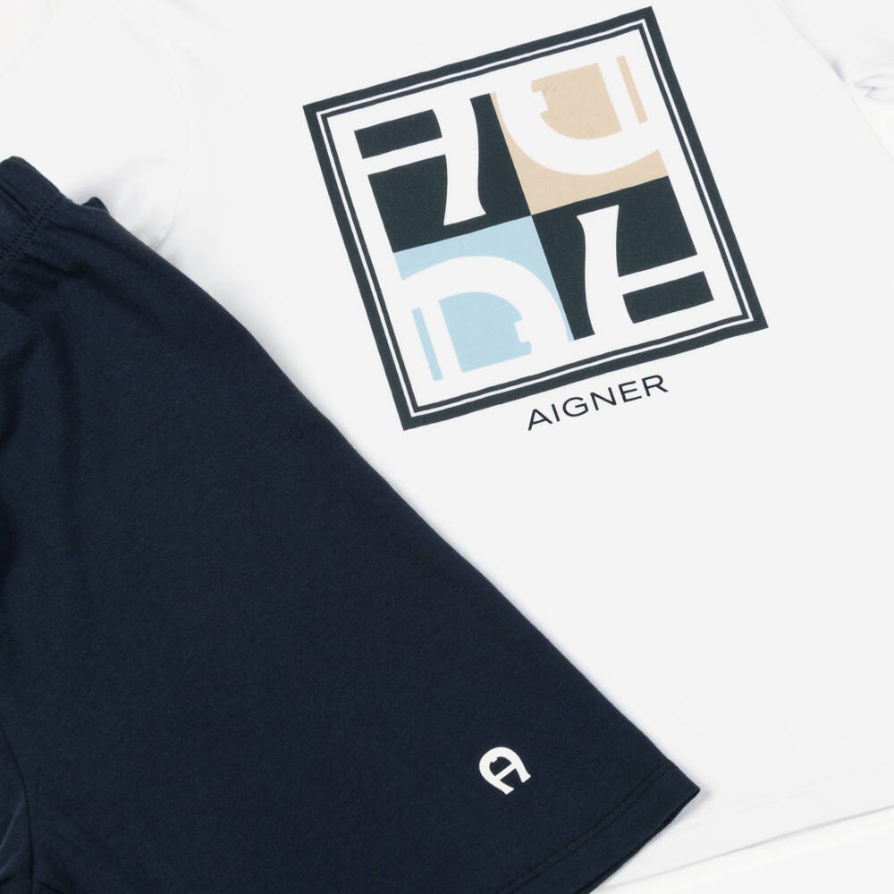 AIGNER-Boys White & Navy Blue Short Pyjamas with Graphic Logo | Childrensalon