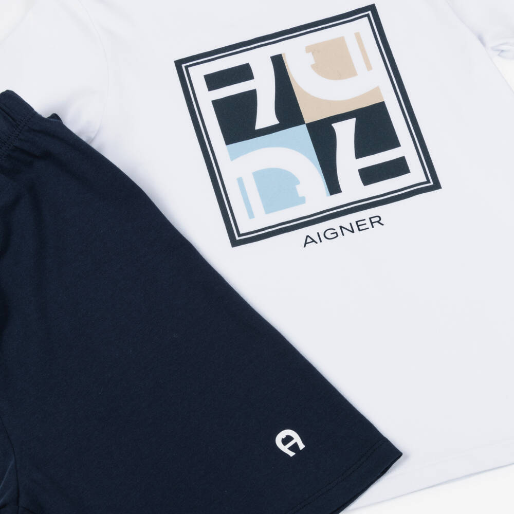 AIGNER-Boys White & Navy Blue Short Pyjamas with Graphic Logo | Childrensalon