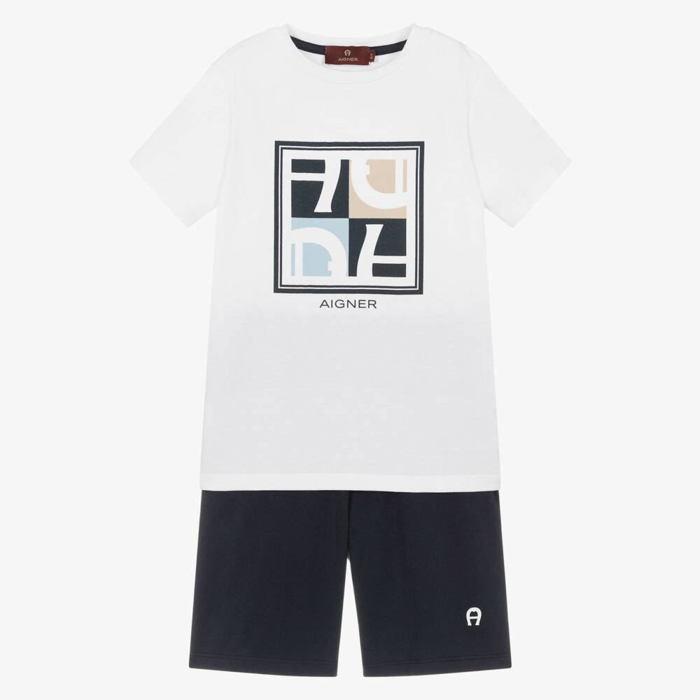 AIGNER-Boys White & Navy Blue Short Pyjamas with Graphic Logo | Childrensalon