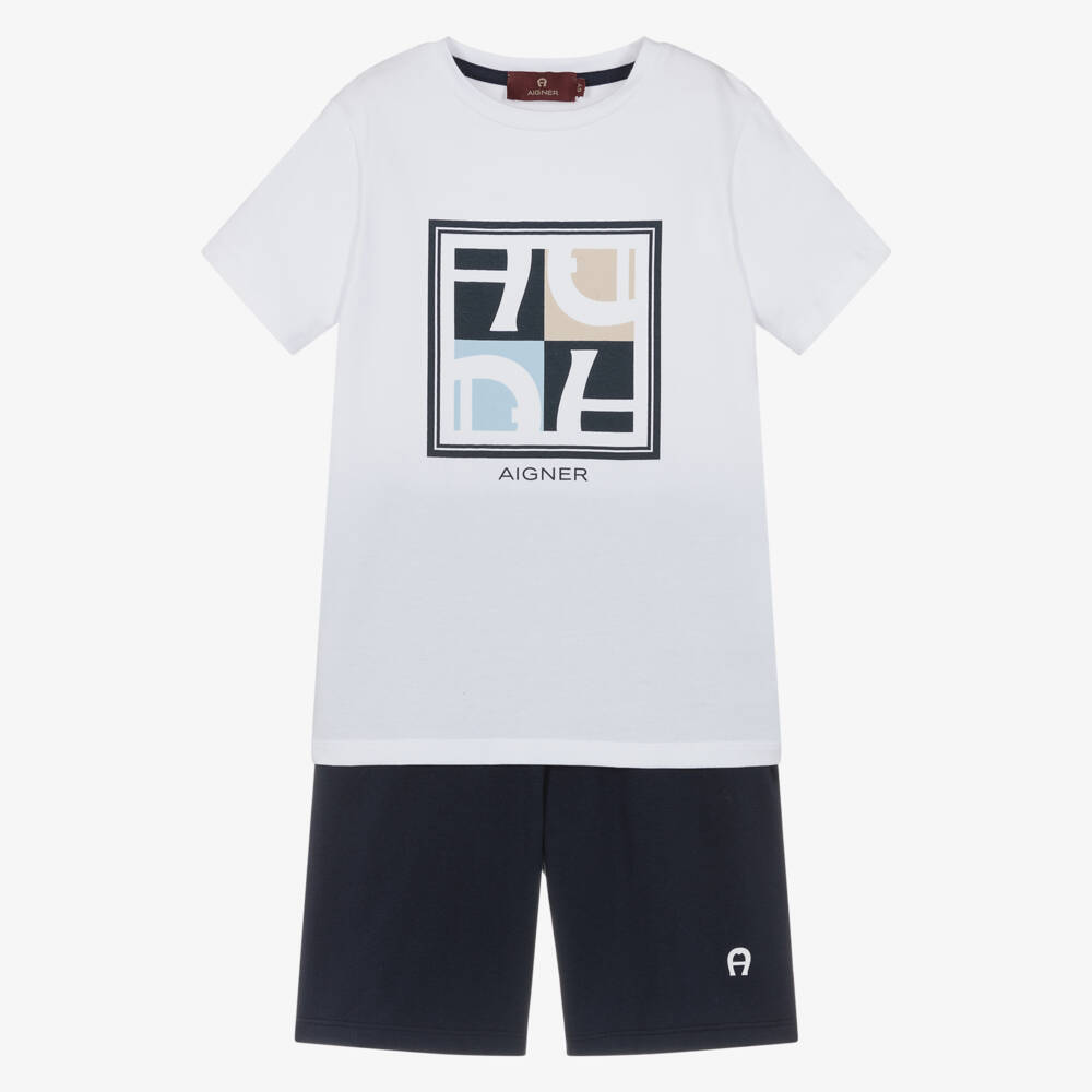 AIGNER-Boys White & Navy Blue Short Pyjamas with Graphic Logo | Childrensalon