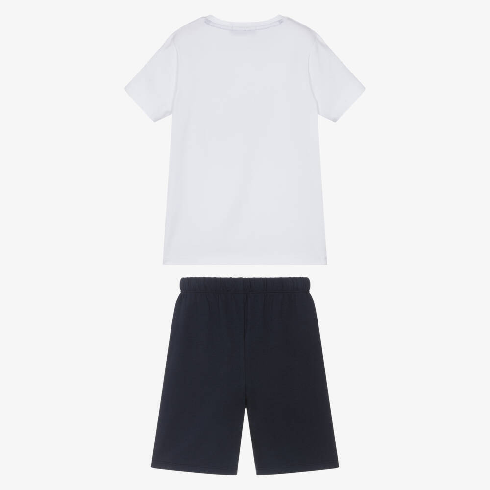 AIGNER-Boys White & Navy Blue Short Pyjamas with Graphic Logo | Childrensalon